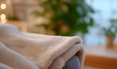 Soft Fleece Blanket Draped Over Armchair in Cozy Room with Gentle Natural Light. generative aI