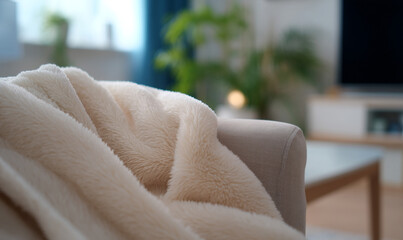 Soft Fleece Blanket Draped Over Armchair in Cozy Room with Gentle Natural Light. generative aI