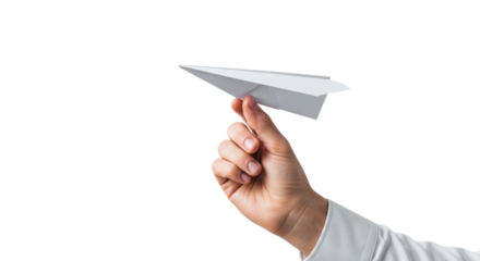 well-manicured hand in a crisp white shirt cuff delicately holding a white paper airplane, poised for flight on a seamless background with copy space. concept of business innovation and potential
