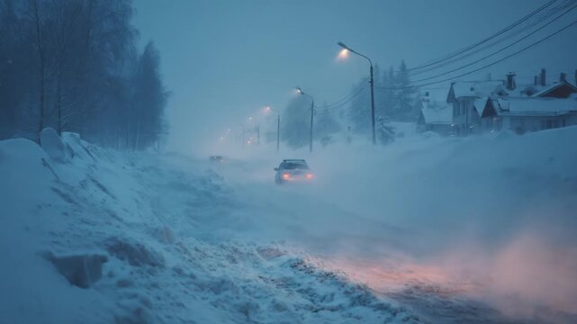 Snowy night roads, car with glowing headlights plows through drifts as azure streetlamps glow softly