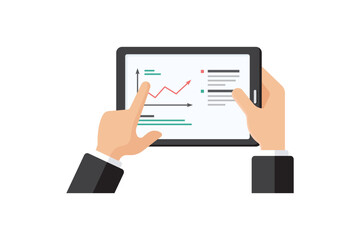 vector illustration of Business Professionals Analyzing Data On Tablet With Graphs, Charts, And Textual Notes For Insights.