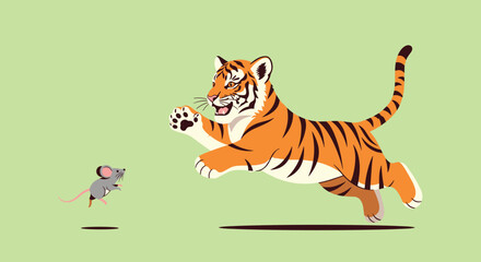 Obraz premium A vibrant illustration captures the moment a powerful orange and black striped tiger pounces with enthusiasm towards a small, grey mouse.