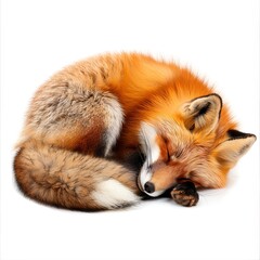 Obraz premium Studio shot of a red fox sleeping peacefully, curled up on a white background