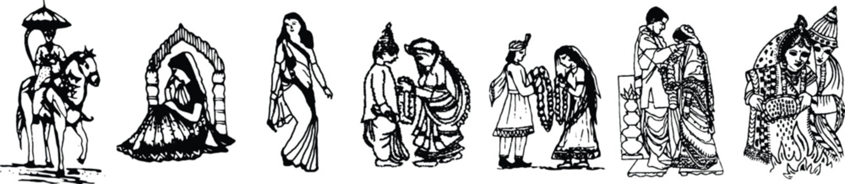 Traditional indian wedding ceremony line art illustration depicting various ancient rituals and customs isolated on transparent background, Vector