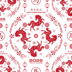 Seamless pattern with Asian elements for happy Chinese new year of the Horse 2026