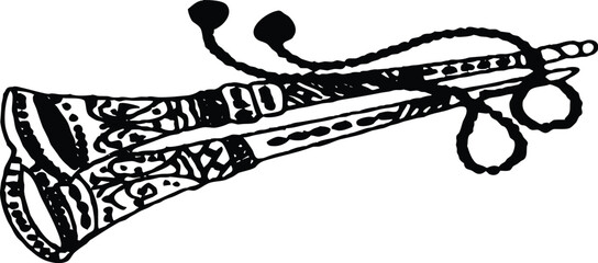 Traditional indian shehnai musical instrument illustration, cultural art, festive celebration artwork isolated on transparent background, Vector