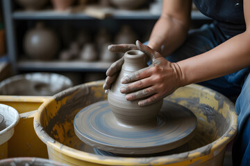 handmade pottery creation process with skilled hands