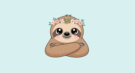 Naklejka premium Cute sloth with flower crown, arms crossed, on a pastel blue background.