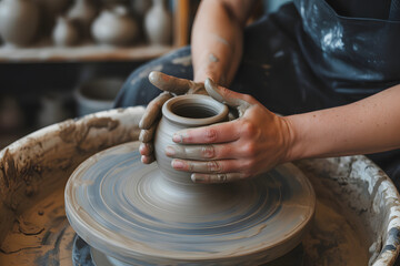 artisan shaping clay pot on pottery wheel in workshop