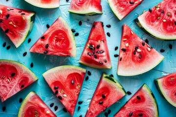 Fresh watermelon slices arranged on a blue surface, creating a colorful and refreshing summer scene
