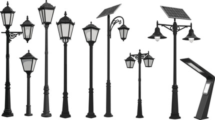 Diverse Lamppost Vector Set: Traditional Antique Gas and Victorian Style Lights, Modern Solar Powered Lamps, and Contemporary Digital Kiosk Pole, Urban Illumination Collection.