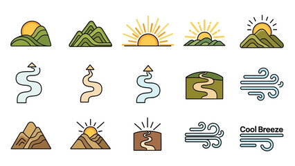 Fifteen landscape icons mountains rivers sun wind nature themes in a neat grid arrangement