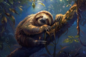 Fototapeta premium Adorable sloth sleeping peacefully on a tree branch, enjoying the tranquility of the rainforest at sunset