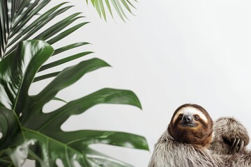Friendly sloth is enjoying its time surrounded by lush tropical greenery against a clean white backdrop