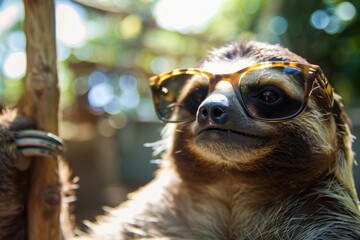 Fototapeta premium Sloth with sunglasses hanging on a branch in a sunny day