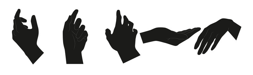 Set of various black silhouette woman hands. Vector collection of female hands of different gestures. Trendy minimal style for logos, prints, designs, vector illustration.
