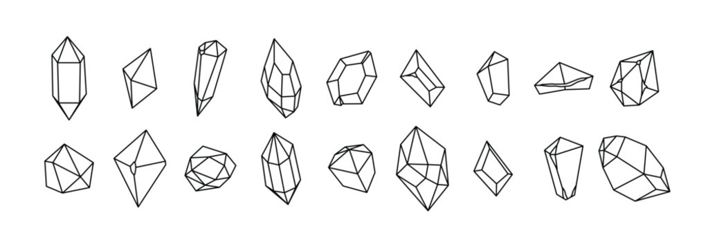 Collection of hand drawn gemstone illustrations with faceted cuts and rough crystal textures isolated on transparent background, vector illustration.
