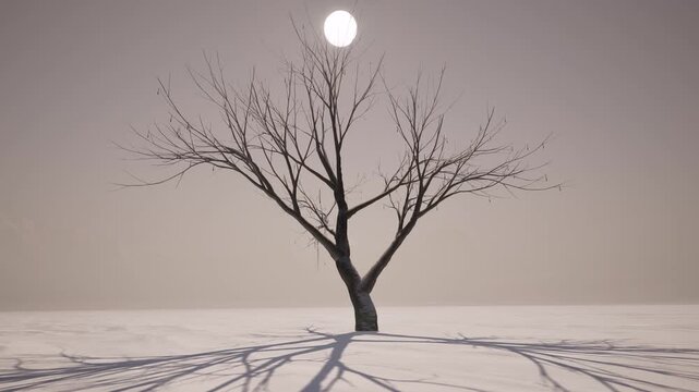 Winter snow one tree sunrise fog 4k