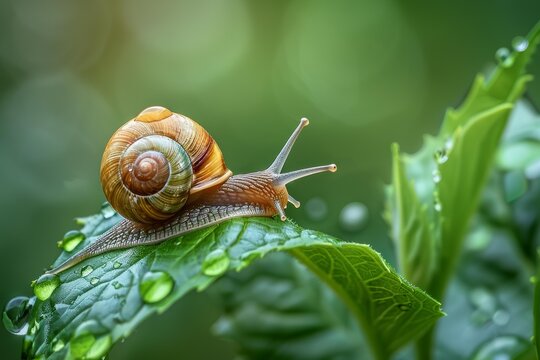Snail crawling on green leaf in the garden after rain