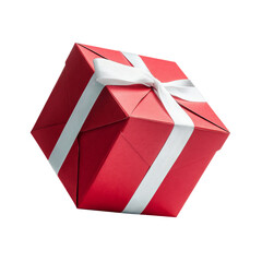 red gift box with white ribbon on white background.