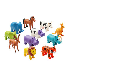 Fototapeta premium nine vibrant, glossy miniature plastic toy animals (lion, tiger, elephant, cow, etc.) arranged on a bright, transparent studio background with copy space. childhood toy collection concept