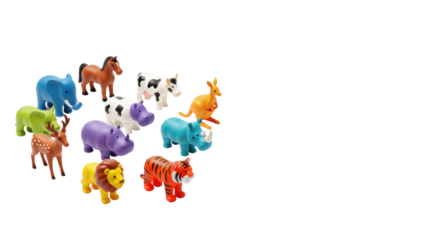 nine vibrant, glossy miniature plastic toy animals (lion, tiger, elephant, cow, etc.) arranged on a bright, transparent studio background with copy space. childhood toy collection concept