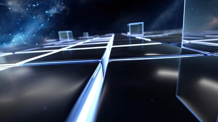 Futuristic Abstract Background with Glowing Grid and Sparkling Elements in Dark Space Environment
