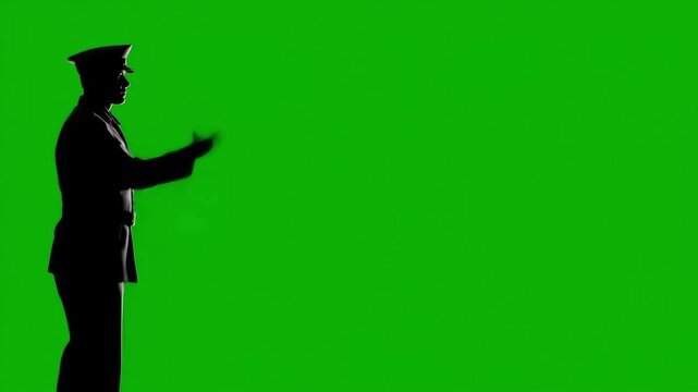 Silhouette of fully equipped soldier in combat helmet and ammunition saluting on green screen background. special forces fighter stands on chroma key background and shows respect by greeting officer.