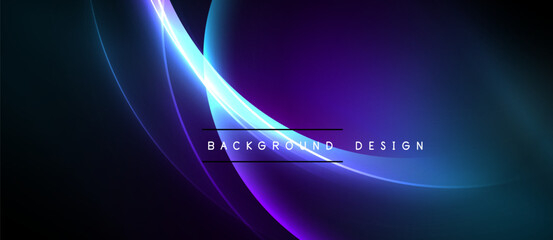 Abstract flowing lines, vibrant blues, purples create dynamic background. Minimalist text overlay adds modern touch. Dark space dominates.