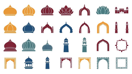 Collection of Indian architectural elements domes arches and towers with varied colors and decorative designs © Donjuan Studio