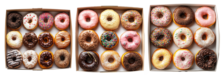 Assorted donuts with colorful icing and toppings in a box, isolated on white transparent background