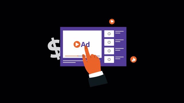 Hand Clicking Video Ad on Screen. Online Advertising and Marketing Concept Animation Video - Transparent