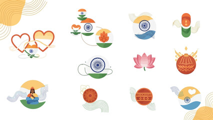 A collection of stylized Indiathemed graphic design elements on a white background