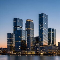 Obraz premium Twilight Urban Symphony: A Modern Minimalist Skyline Illuminated by Soft Dusk Glow, Elegant Geometric Reflections, and Subdued Architectural Artistry Vibrations