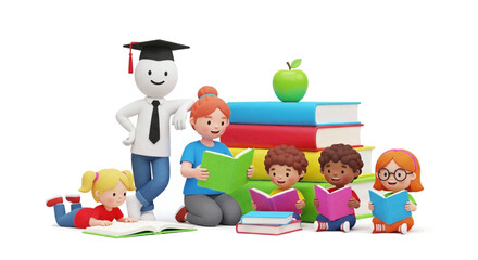 Young diverse students learning with teacher and colorful books