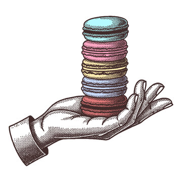 hand holding a stack of colorful macaron cookies in retro halftone style, illustration for menu, cafe