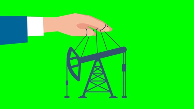 Influence on oil production. Man manipulates an oil rig like puppeteer. It didn't work at first, but then it started working, then it stopped working again. 2D flat animation. Alpha channel