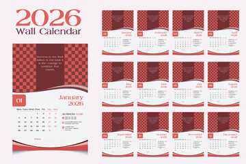 2026 year wall calendar design with Monthly event printable calendars template for business agency