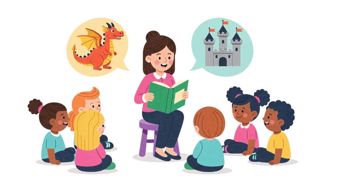 Educator reads fantasy stories to diverse young students in class