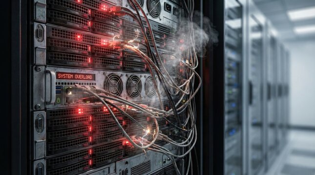 Critical DDoS Attack Event: Server Rack Overload with Flashing Red Lights, Smoking Cables, and Sparks Signifying a Catastrophic Network System Failure in a Data Center