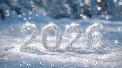 Glittering ice numerals 2026 rest on powdery snow under a cool blue winter glow with sparkling dust - Powered by Adobe