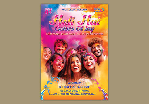 Holi Hai (It's Holi) Colors of Joy, Editable Holi Party Flyer Template with Happy Indian Friends Group on Color Splash Festival Background.