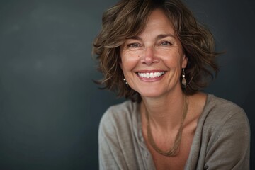 Headshot of a cheerful mature woman with healthy white teeth smiling against a dark background, conveying confidence and well being
