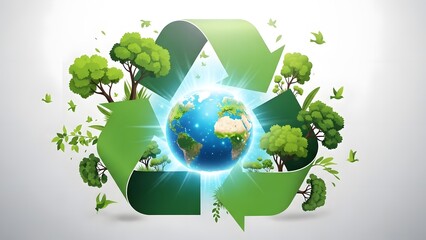 Eco-friendly earth globe in recycling symbol with trees and birds