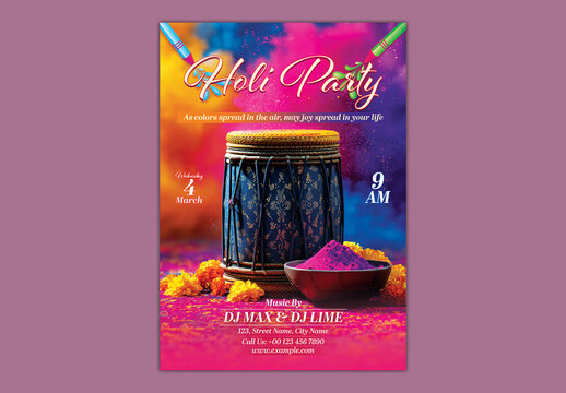 Editable Holi Celebration Party Flyer Template with Traditional Dhol and Color Powder Bowls on Vibrant Festive Background.
