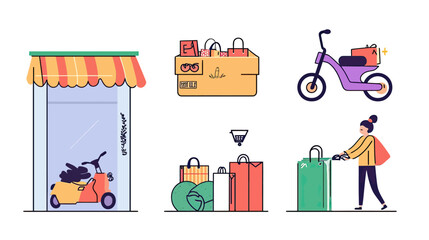 Flat minimalist vector illustration of electric scooter delivery, shopping bags, and woman carrying bags near store facade with awning and parked scooter