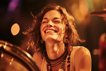 Happy female drummer enjoying playing drums live on stage