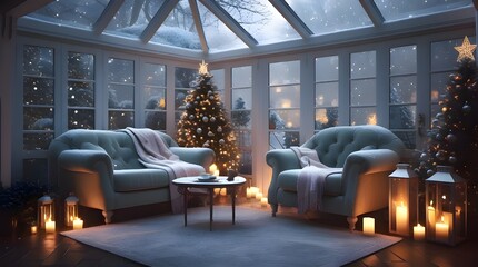 "Cozy Living Room Decorated for Christmas with a Festive Tree"