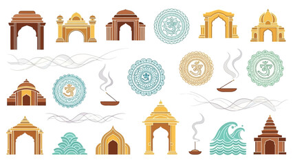 Illustration features architecture symbols  incense in tan teal gold brown against a white background © Donjuan Visual
