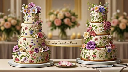 Tiered Wedding Cakes with Intricate Floral Decorations Desserts